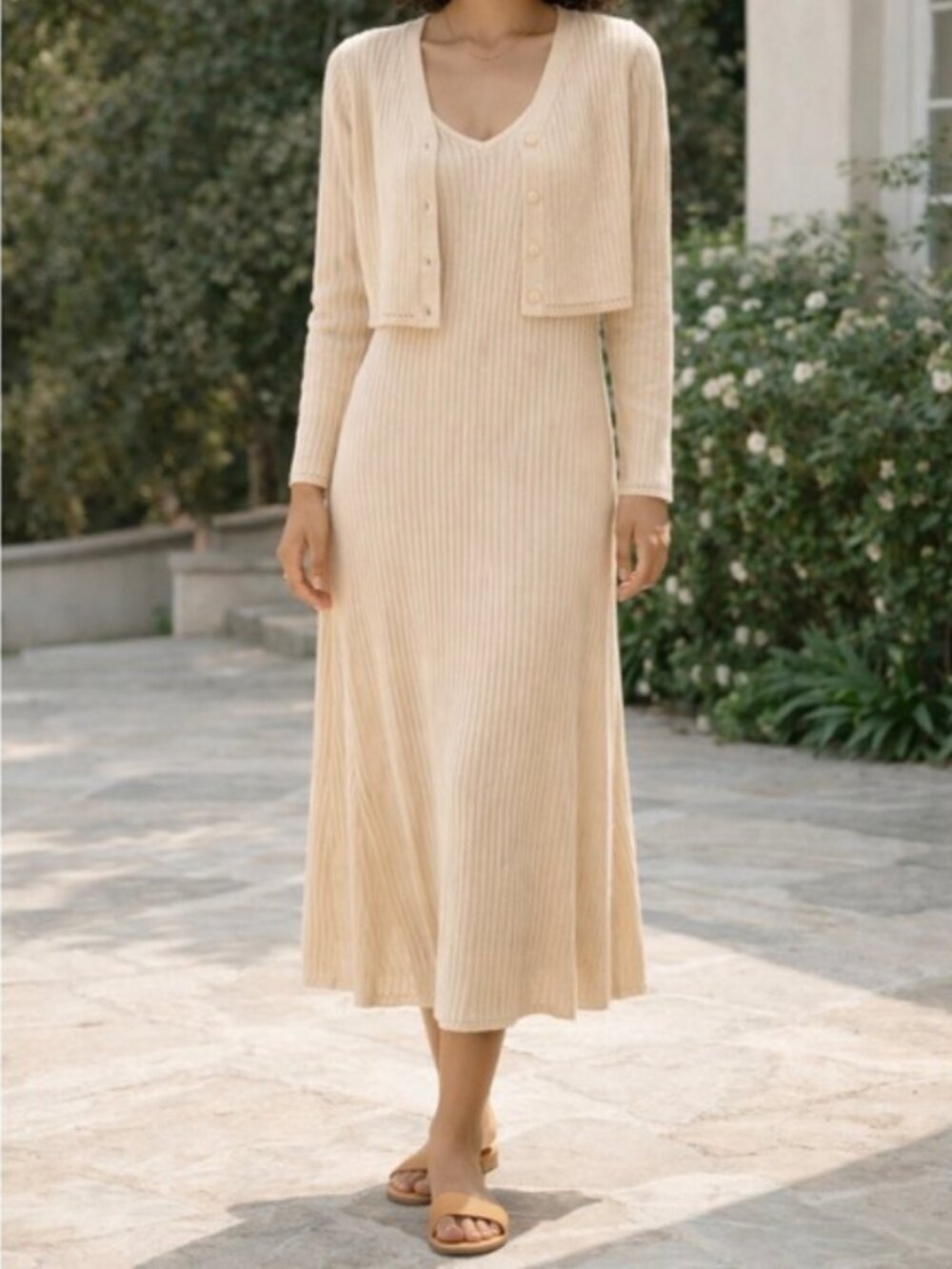 Caroline Constas Ribbed Knit Midi Dress and Cropped Cardigan Set